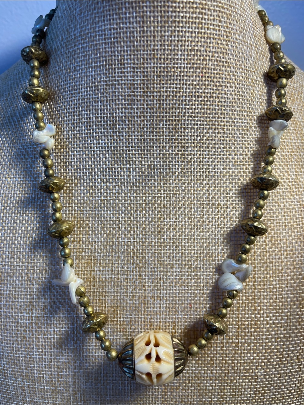 Vintage brass bead necklace w/ natural mother of pearl chips & carved pendant
